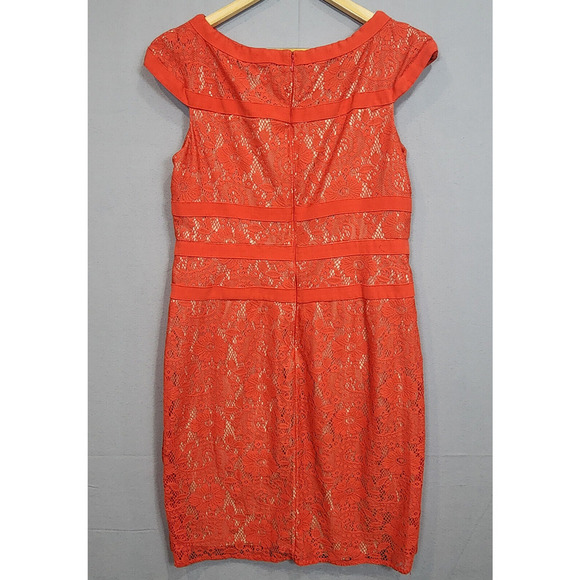 Adrianna Papell Women's Red Orange Piped Structured Lace Cocktail Dress Sz 14 - Picture 2 of 8